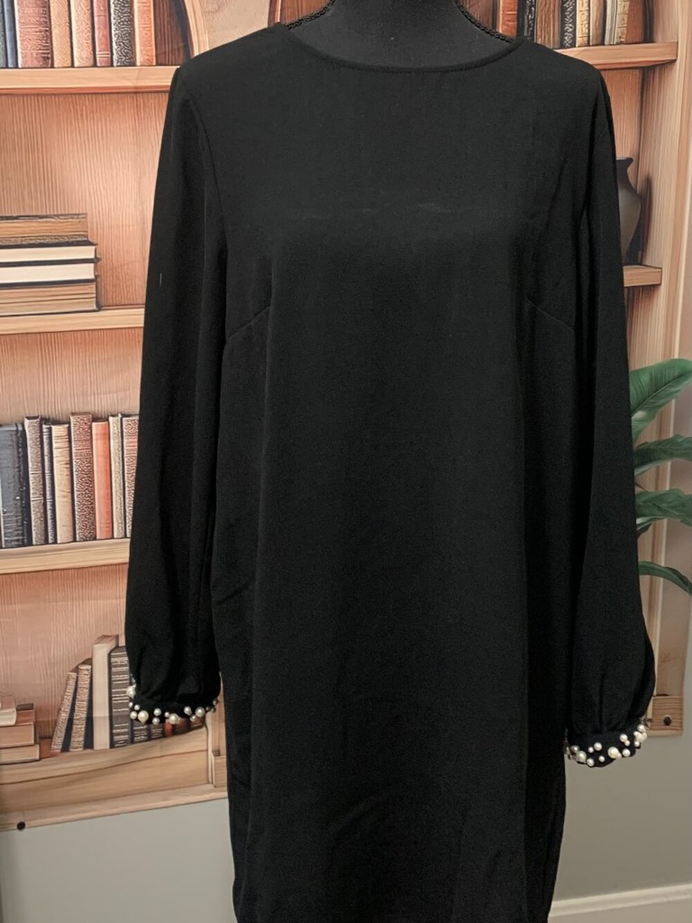 Black Long Sleeve Dress Pearls Along End of Sleeves